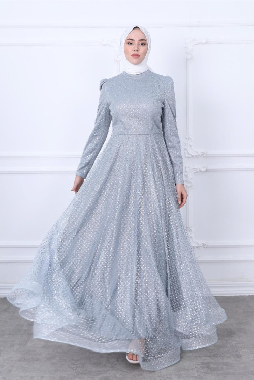 Sim Detailed Arched Tulle Evening Dress -Buz Blue