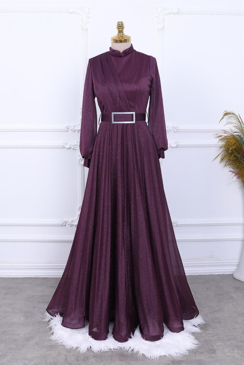 Simli Thick Arched Evening Dress -Damson