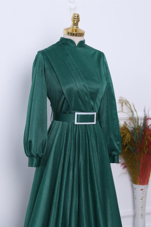 Simli Thick Arched Evening Dress -Emerald