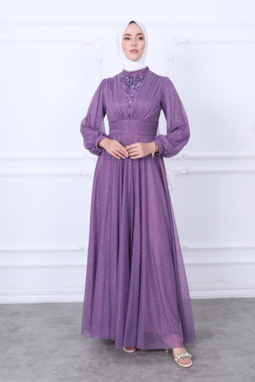 Simli Tulle Evening Dress -Purple