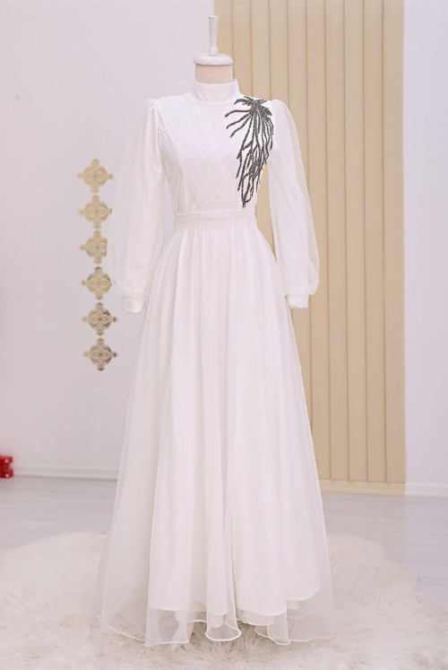 stony Ahtapot Desen Dalya Long Evening Dress -White