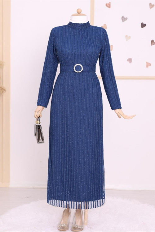 stony Arched Sim Striped Tüllü Plus Size Dress -K. Blue