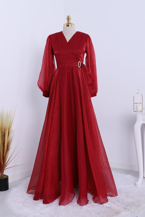 V Collar Brooch Detailed Tulle Evening Dress  -Claret Red