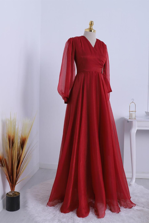 V Collar Brooch Detailed Tulle Evening Dress  -Claret Red