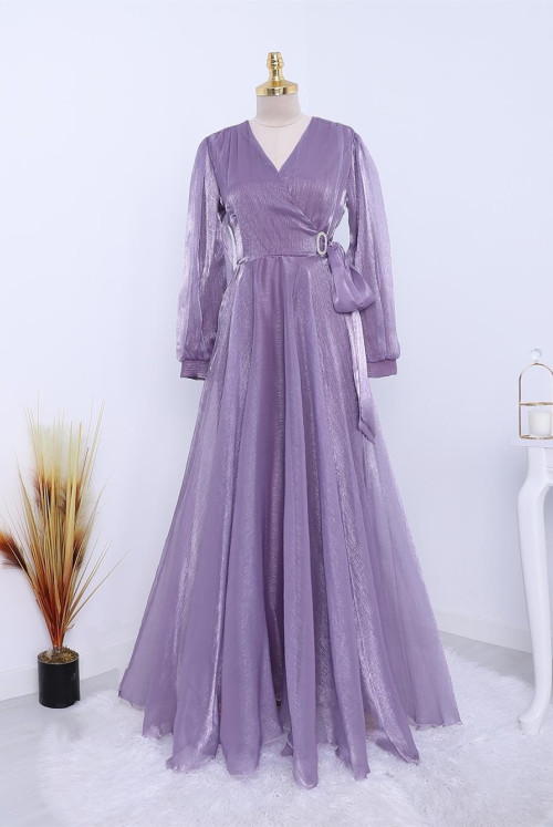 V Collar Brooch Detailed Tulle Evening Dress  -Lila