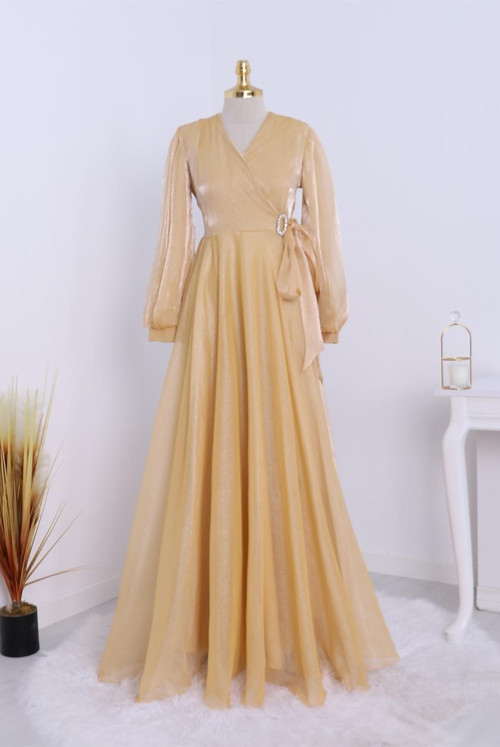 V Collar Brooch Detailed Tulle Evening Dress  -Yellow