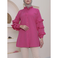 Yakası Laced Arms katlı Frilly Button Tunics -Hot pink