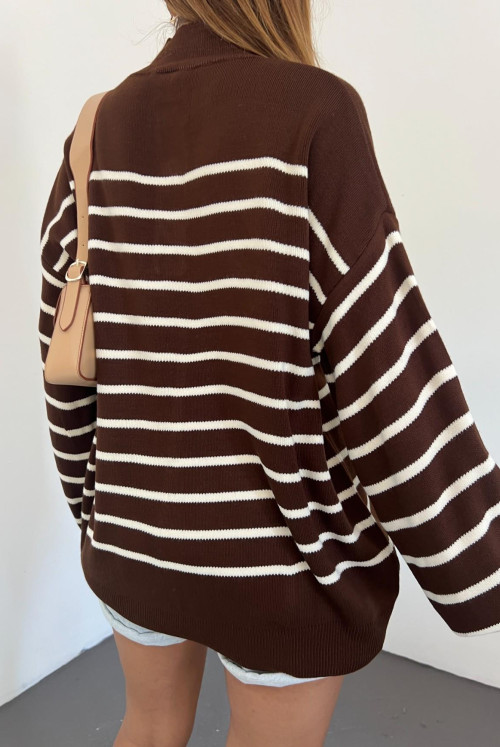 Yakası Button Half Throat Knitwear Sweater -Brown