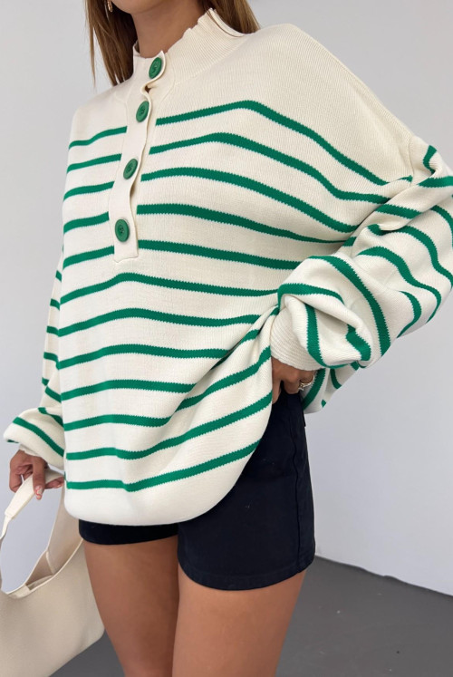 Yakası Button Half Throat Knitwear Sweater -Green
