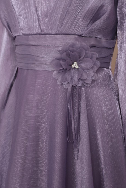 Yakası Frilly waisted Rose Detailed Tulle Evening Dress -Lila