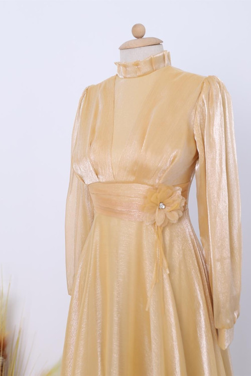 Yakası Frilly waisted Rose Detailed Tulle Evening Dress  -Yellow