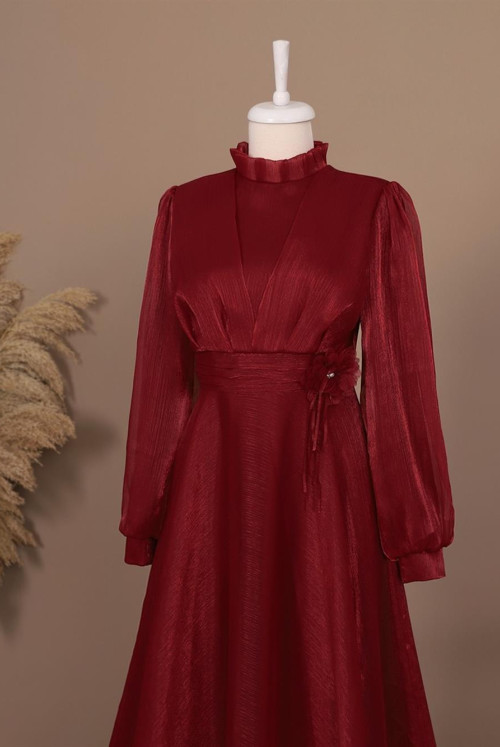Yakası Frilly waisted Rose Detailed Tulle Evening Dress -Red