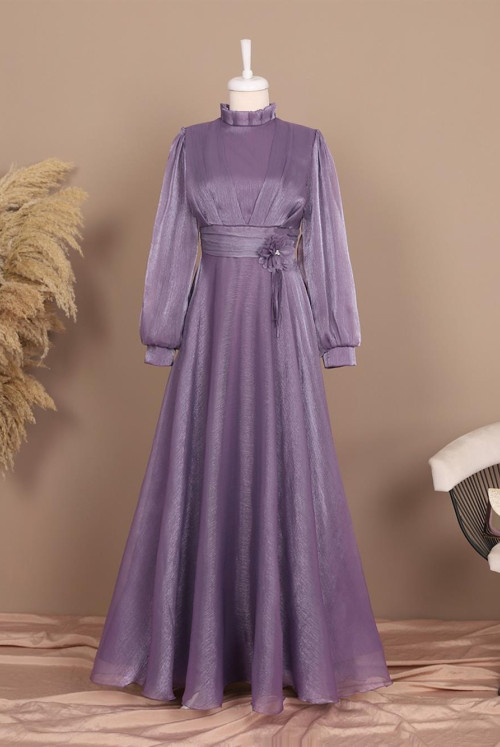 Yakası Frilly waisted Rose Detailed Tulle Evening Dress -Lila