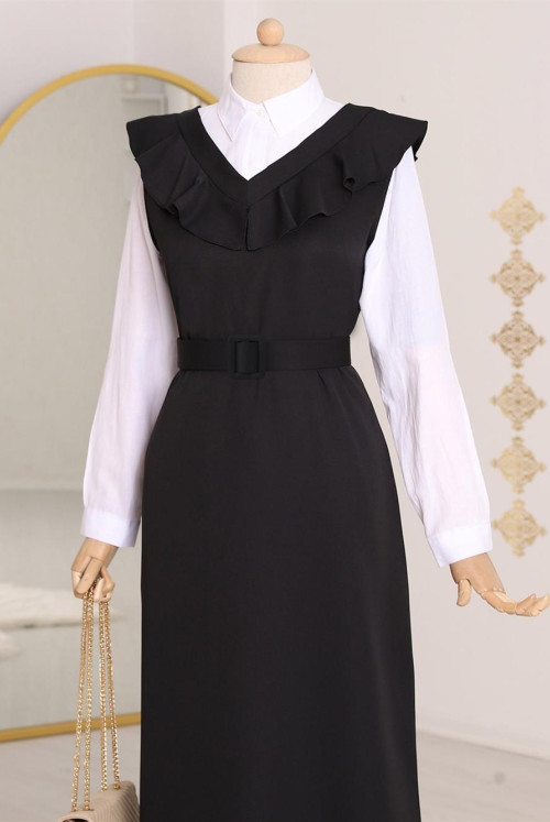 Yakası V Arched Long Gilet Dress    -Black