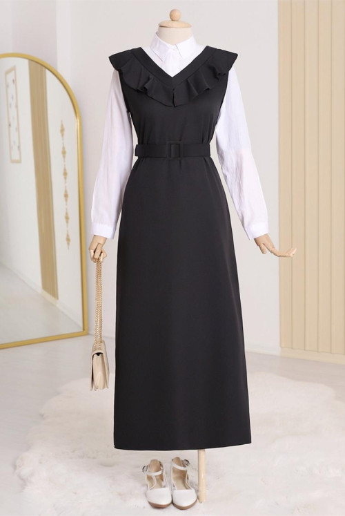 Yakası V Arched Long Gilet Dress    -Black