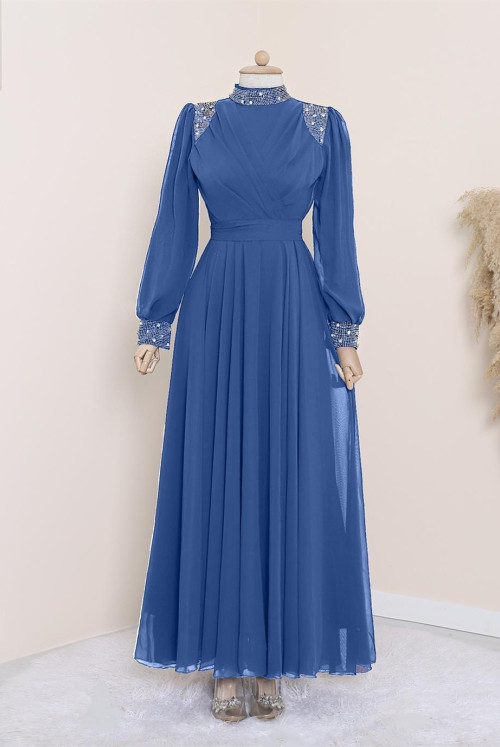 Yakası and Arm cuff stony waisted Laced Şifon Evening Dress -Blue