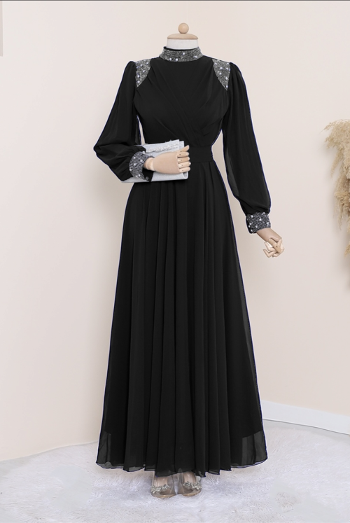 Yakası and Arm cuff stony waisted Laced Şifon Evening Dress -Black