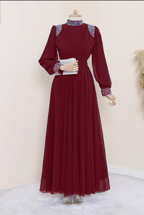 Yakası and Arm cuff stony waisted Laced Şifon Evening Dress -Claret Red