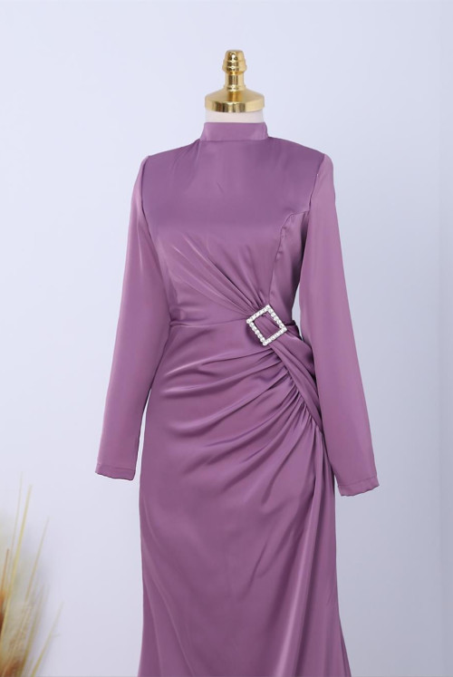 Yandan Shirred stony Taka Detailed Satin Evening Dress -Lila
