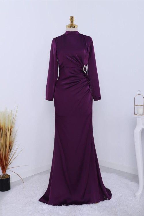 Yandan Shirred stony Taka Detailed Satin Evening Dress -Purple