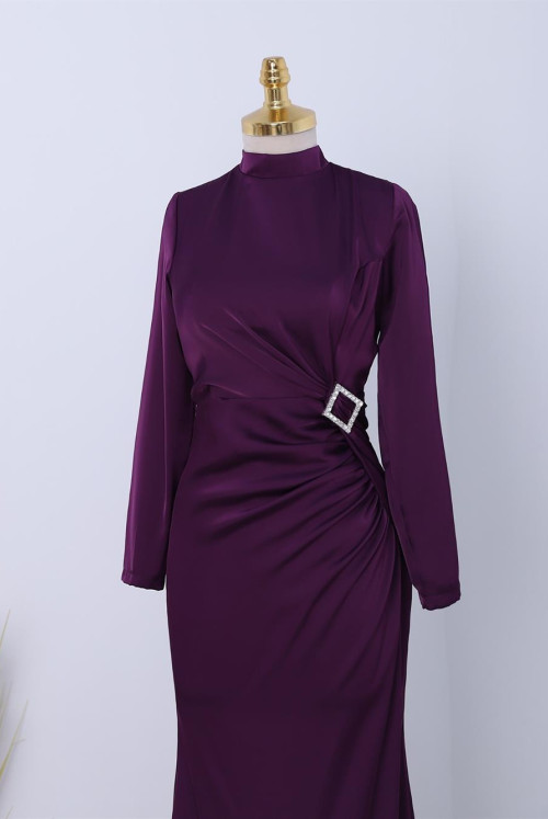 Yandan Shirred stony Taka Detailed Satin Evening Dress -Purple