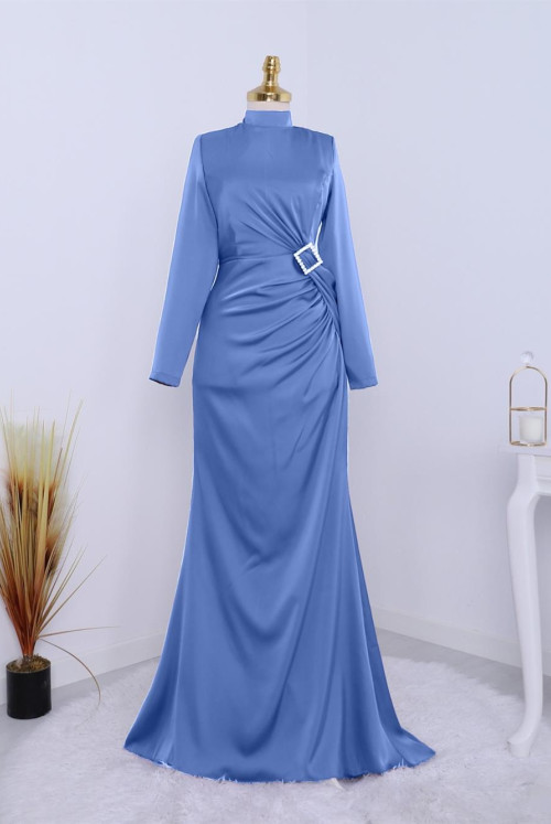 Yandan Shirred stony Taka Detailed Satin Evening Dress -Blue