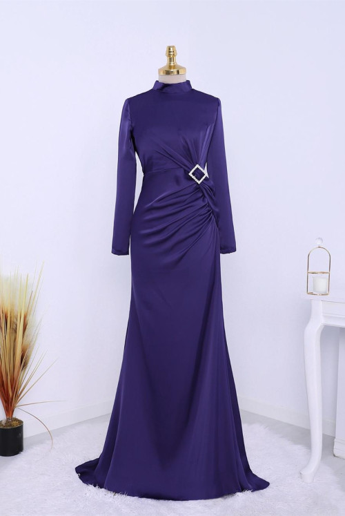 Yandan Shirred stony Taka Detailed Satin Evening Dress -Laci
