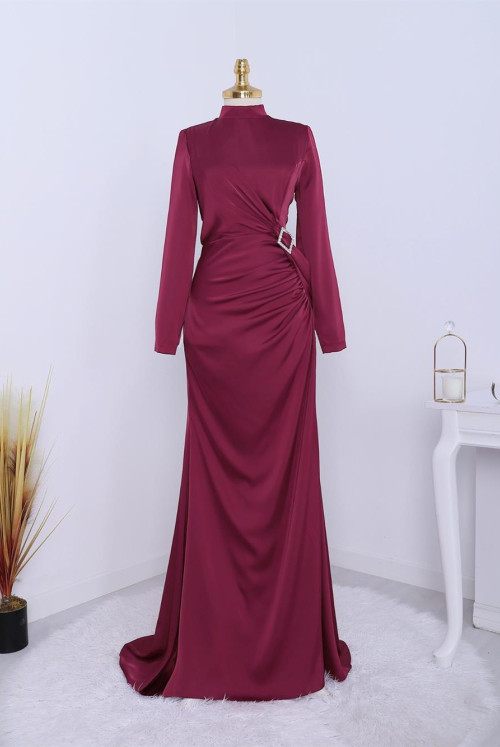 Yandan Shirred stony Taka Detailed Satin Evening Dress -Claret Red