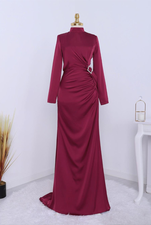 Yandan Shirred stony Taka Detailed Satin Evening Dress -Claret Red
