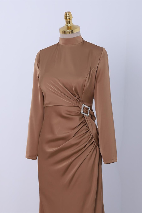 Yandan Shirred stony Taka Detailed Satin Evening Dress -Mink