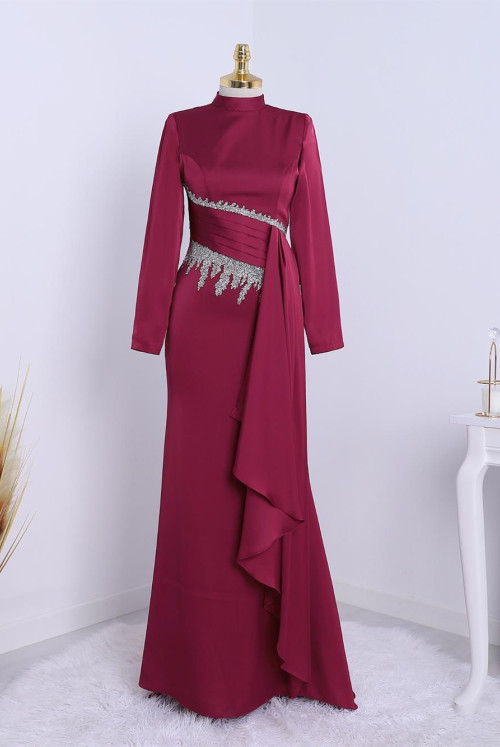 Bonding Stone Detailed Dik Collar Satin Evening Dress -Claret Red
