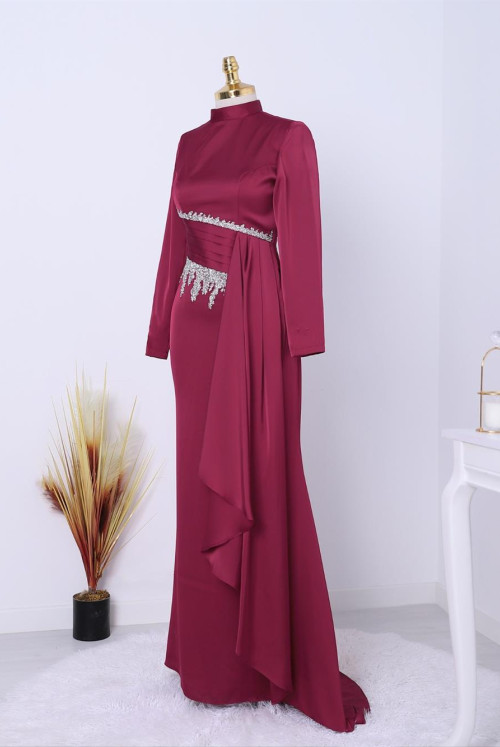 Bonding Stone Detailed Dik Collar Satin Evening Dress -Claret Red