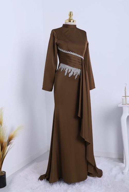 Bonding Stone Detailed Dik Collar Satin Evening Dress -Brown