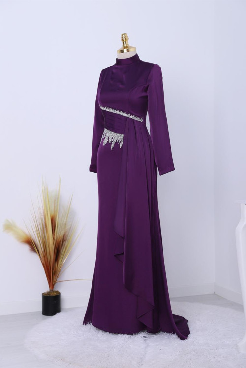 Bonding Stone Detailed Dik Collar Satin Evening Dress -Purple