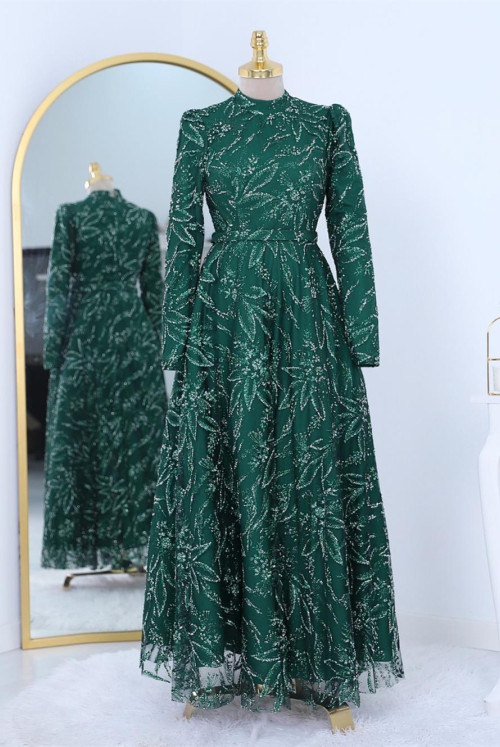 Bonding Stone Detailed Simli Lined Tulle Evening Dress -Emerald