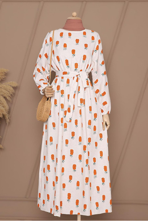 Yarasa Arm Arched Linen Dress -Orange