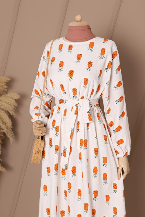 Yarasa Arm Arched Linen Dress -Orange