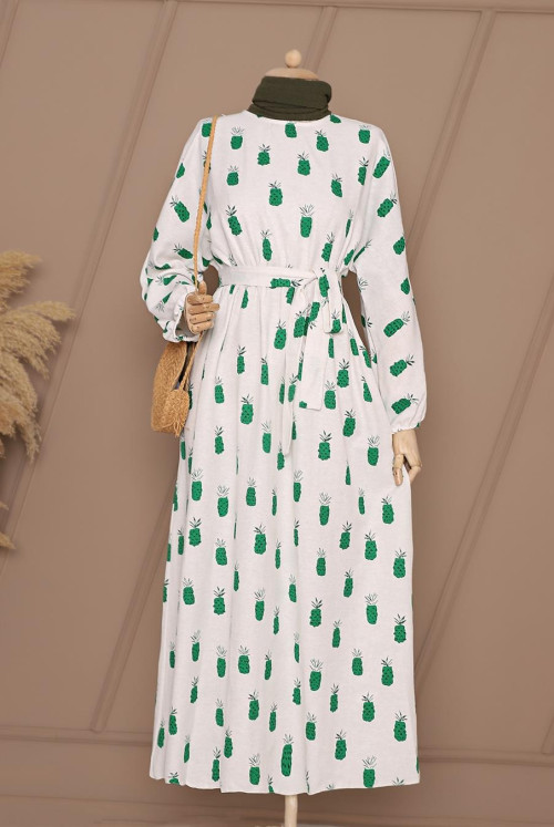 Yarasa Arm Arched Linen Dress -Green