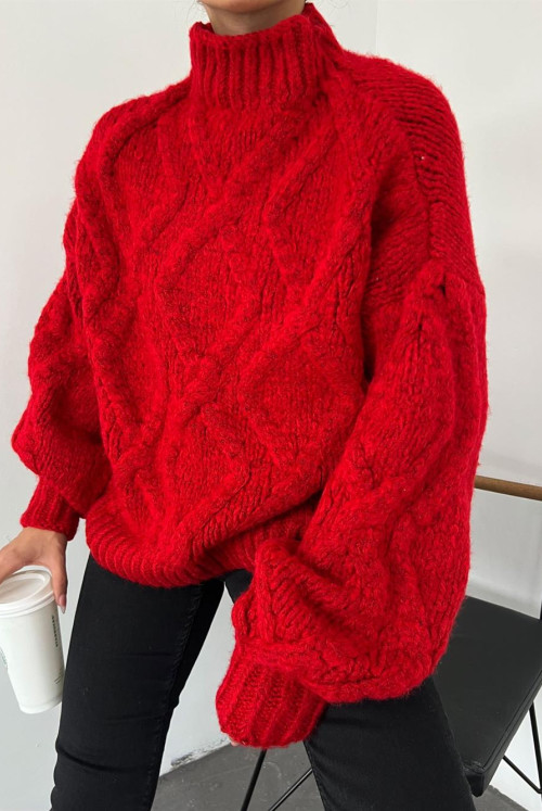 Half Throat Balloon Arm Winter Sweater -Red