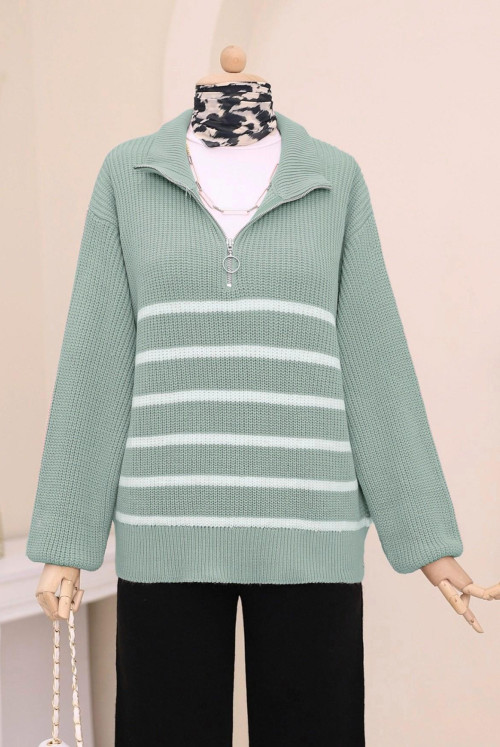 Half Zipped Side Striped Knitwear Sweater  -Water green