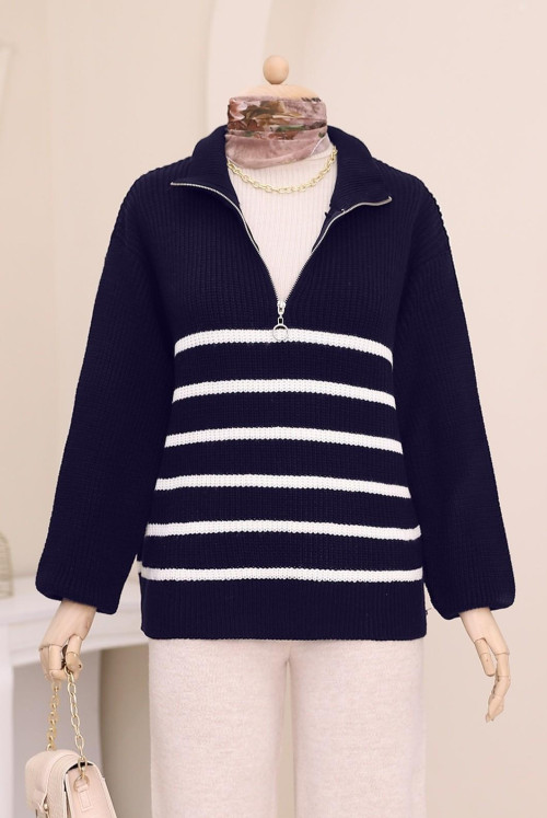 Half Zipped Side Striped Knitwear Sweater  -Laci