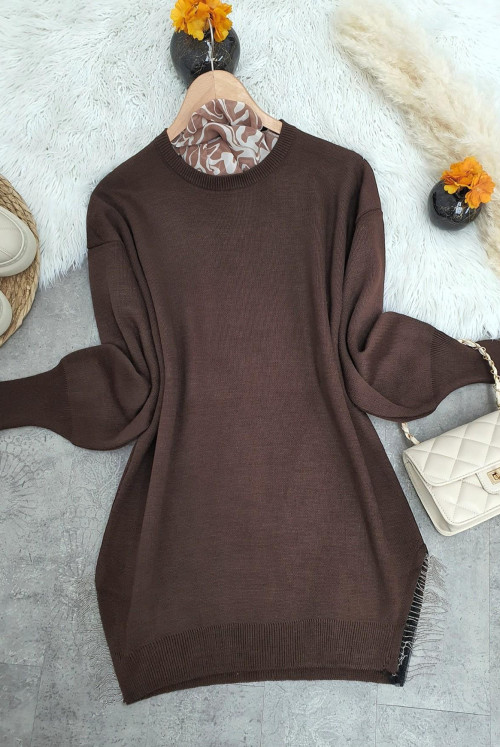 Yırtmacı Tasseled Knitwear Sweater -Brown