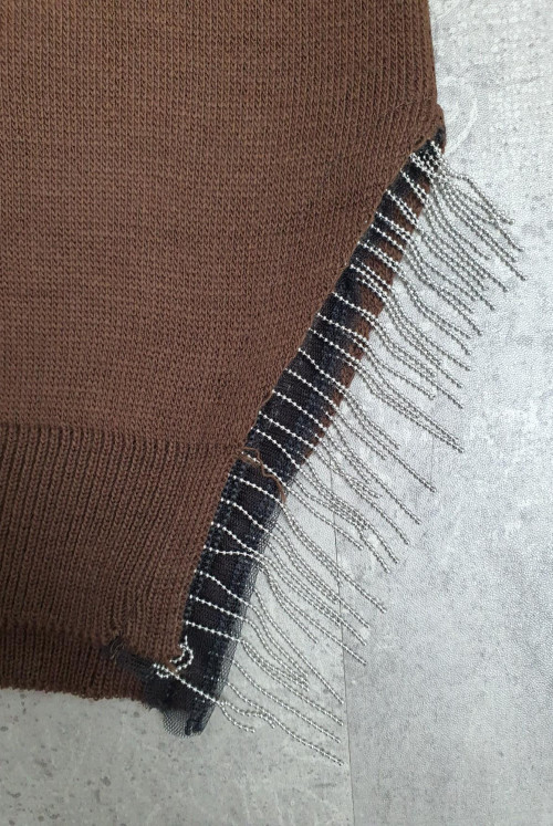 Yırtmacı Tasseled Knitwear Sweater -Brown