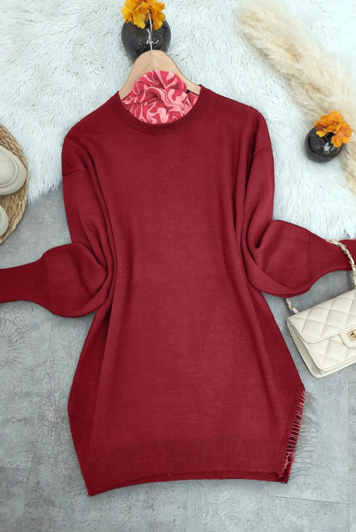 Yırtmacı Tasseled Knitwear Sweater -Red