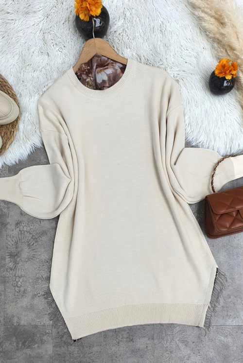 Yırtmacı Tasseled Knitwear Sweater -Cream