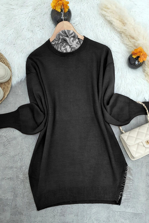 Yırtmacı Tasseled Knitwear Sweater -Black