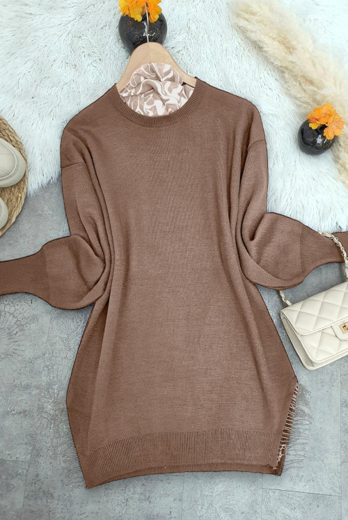Yırtmacı Tasseled Knitwear Sweater -Mink