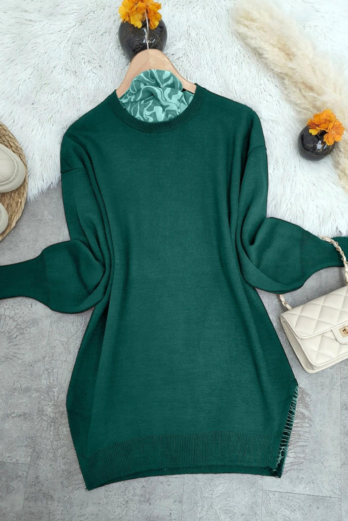 Yırtmacı Tasseled Knitwear Sweater -Emerald