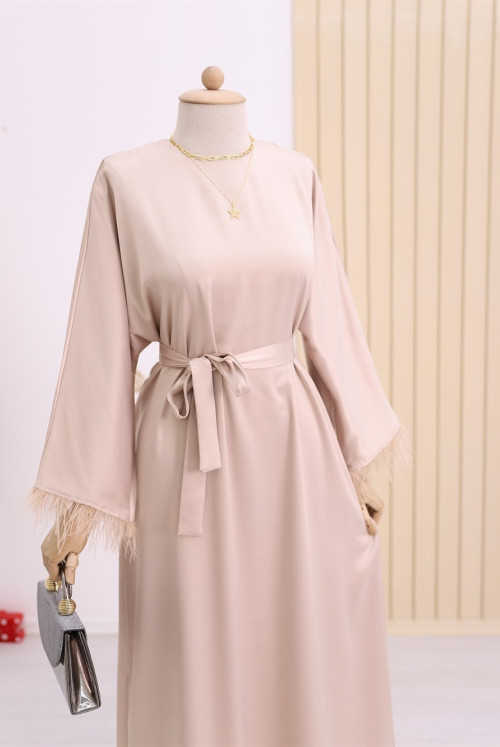 Round Collar skirt and Arms Hairy Satin Dress -Beige