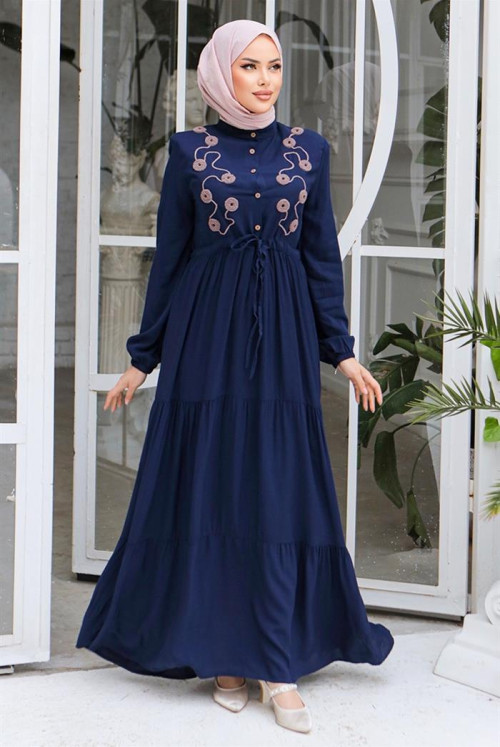 Abely Inlaid Hijab Dress 831 - Navy blue